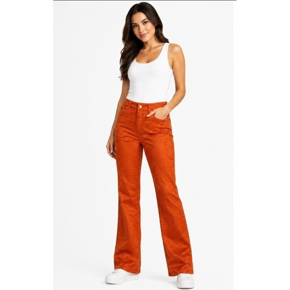 PLATINI JEANS COUGAR  ALL OVER LOGO Print Satin Flare Pants Sz 26 Nwt Orange T60